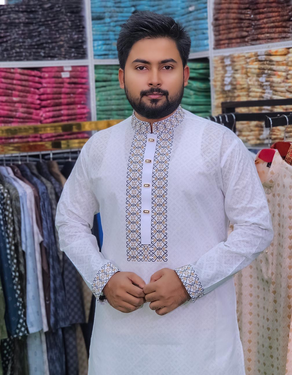 375 web সাদা কালার এম্ব্রয়ডারী পাঞ্জাবী। কোড: ৩৭৫ - Image 1